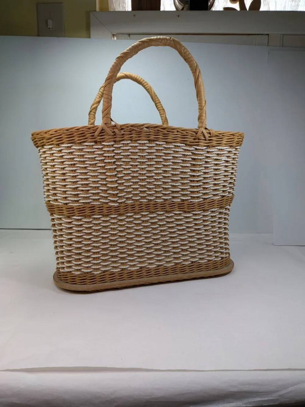 Vintage Woven Wicker Market Tote Basket White Rope Accent Wood Base Handles